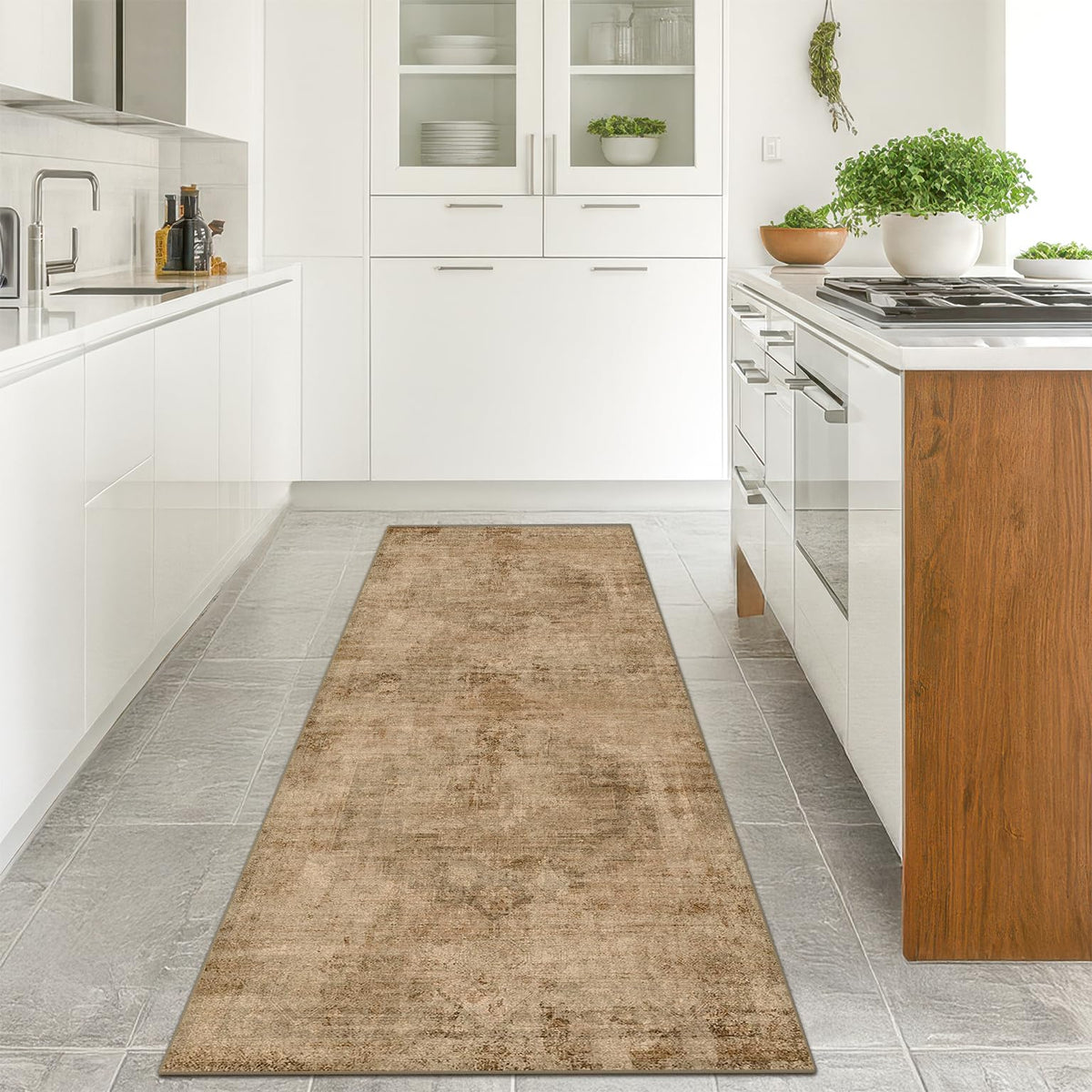Farmhouse 8x10 Washable Area Rugs for Living Room, Neutral Taupe Brown Abstract Rug for Dining Room and Bedroom, Soft Foldable Low Pile Carpet, Stain Resistant Non-Slip Backing, Distressed Design