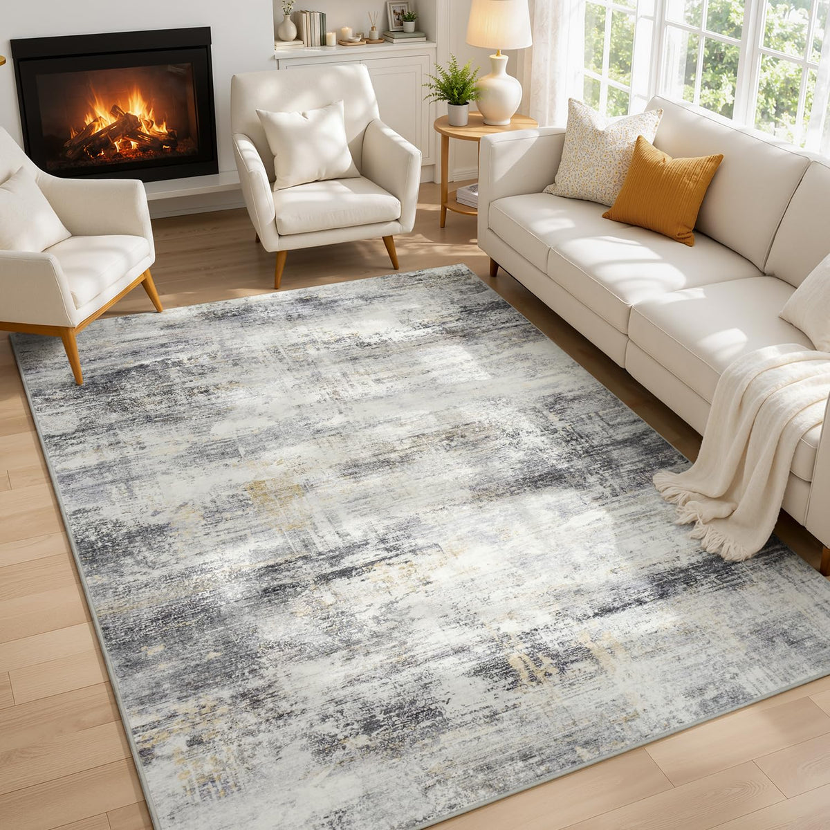 Living Room Rug 5x7, Washable Modern Abstract Rugs Black and White