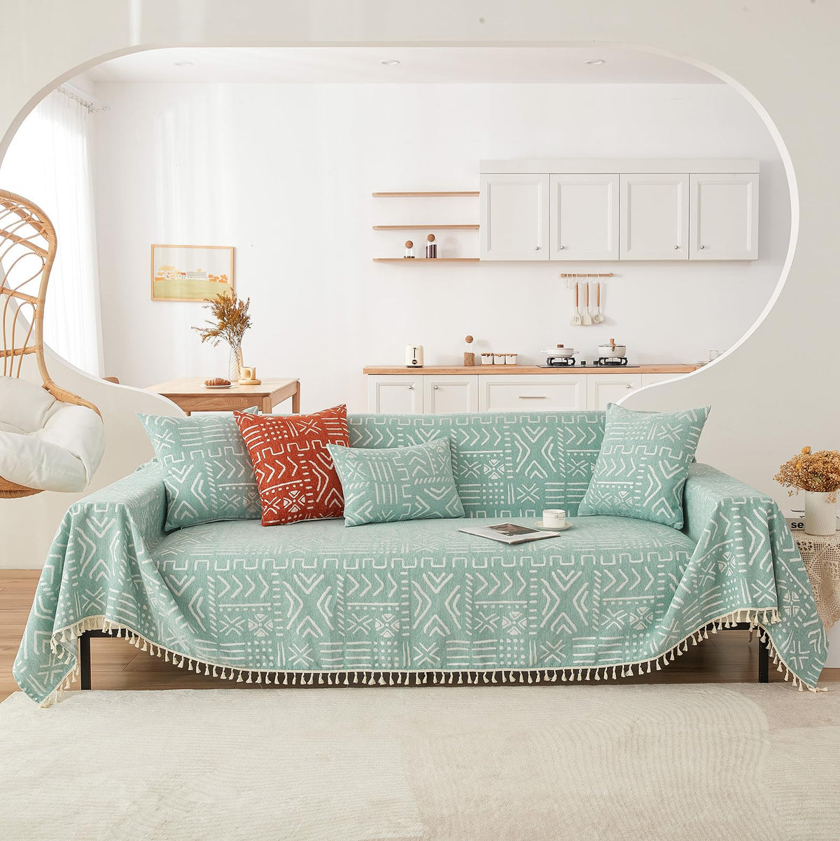 HANDONTIME Green Sofa Cover Vintage Couch Cover for Dogs 91" X150" Couch Cushion Covers with Tassel Herringbone Sofa Cover Boho Sofa Covers for 3 Cushion Couch Chenille Soft Loveseat Sofa Covers