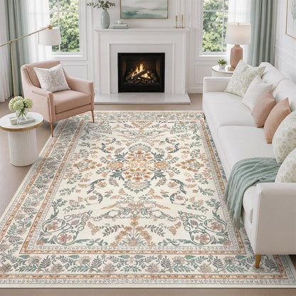 DCX 8x10 Area Rug Living Room: Washable Botanical Carpet Blue and Green
