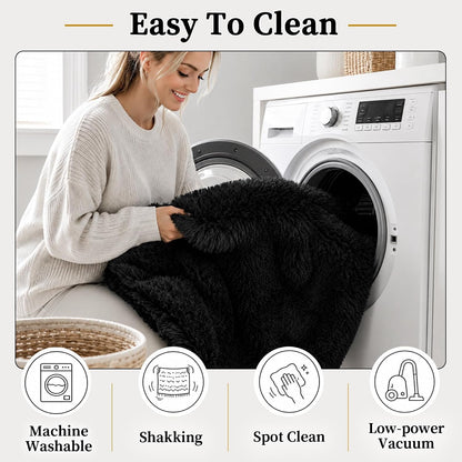 TENGTENGLINK 8x10 Fluffy Shag Area Rug Living Room Bedroom Washable Black