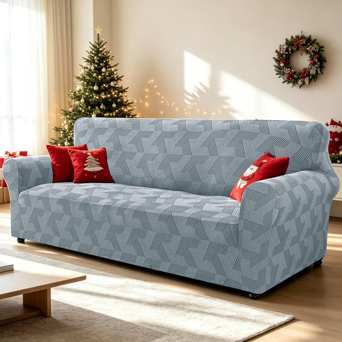 ZNSAYOTX Stretch Couch Covers for 3 Cushion Couch, 1-Piece Sofa Cover Slipcover Pet Friendly, Furniture Protector with Elastic Bottom for Dogs Geometrical Jacquard Fabric (Large, Light Grey)
