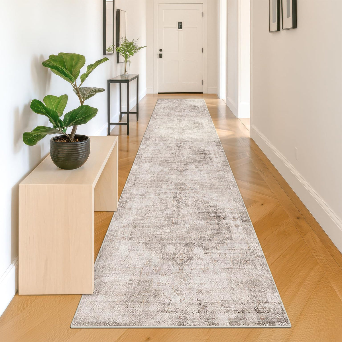 Farmhouse 8x10 Washable Area Rugs for Living Room, Neutral Taupe Brown Abstract Rug for Dining Room and Bedroom, Soft Foldable Low Pile Carpet, Stain Resistant Non-Slip Backing, Distressed Design