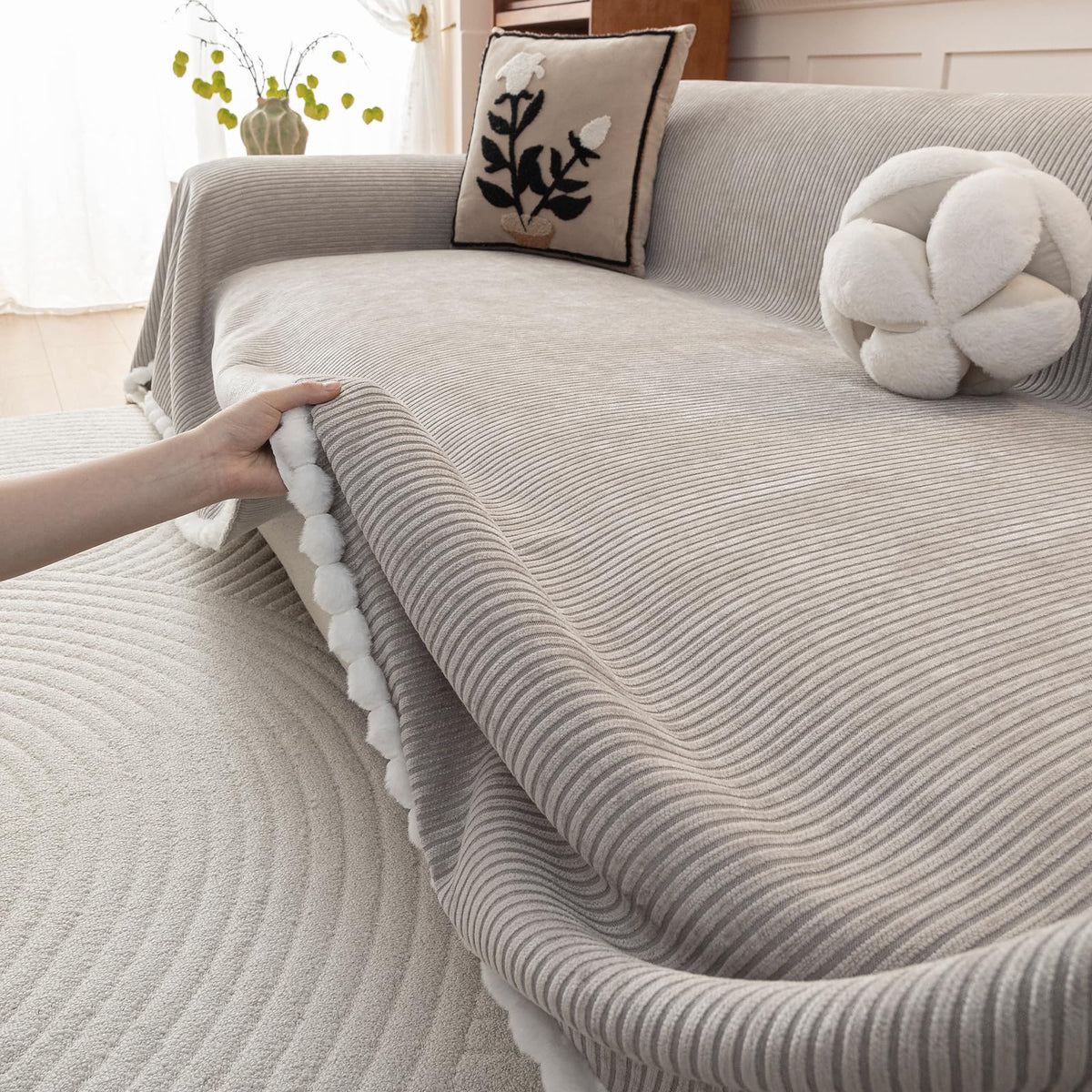 HANDONTIME Green Sofa Cover Vintage Couch Cover for Dogs 91" X150" Couch Cushion Covers with Tassel Herringbone Sofa Cover Boho Sofa Covers for 3 Cushion Couch Chenille Soft Loveseat Sofa Covers
