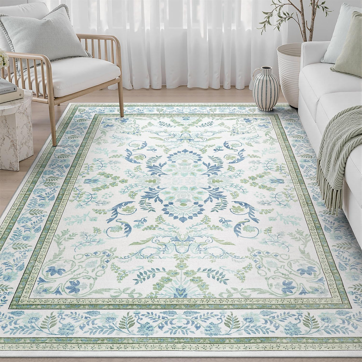 DCX 8x10 Area Rug Living Room: Washable Botanical Carpet Blue and Green