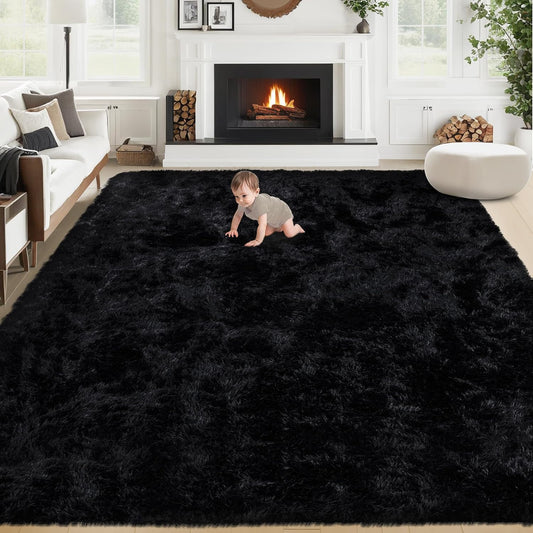 8x10 Area Rugs for Living Room: Fluffy Shag Soft Washable Rug Large Fuzzy Plush Indoor Carpet for Bedroom Nursery Playroom Kids Girls Boys Room (Black, 8'x10')