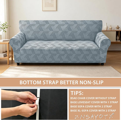 ZNSAYOTX Stretch Couch Covers for 3 Cushion Couch, 1-Piece Sofa Cover Slipcover Pet Friendly, Furniture Protector with Elastic Bottom for Dogs Geometrical Jacquard Fabric (Large, Light Grey)