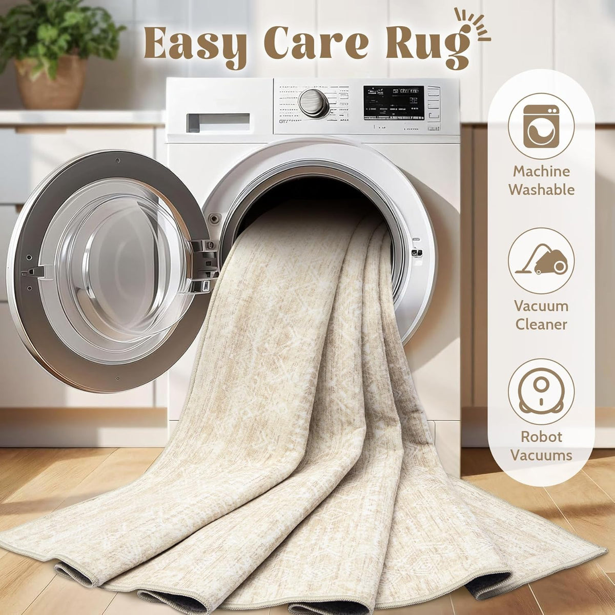 Living Room Rugs 8x10: Washable Moroccan Geometric Boho Rug Farmhouse Non Slip Stain Resistant Large Rug Low Pile Soft Carpet for Bedroom Dining Room Children Room (Beige,8'x10')