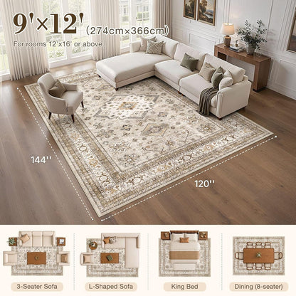 cotiled 9x12 Area Rug for Living Room, Washable, Traditional, Beige