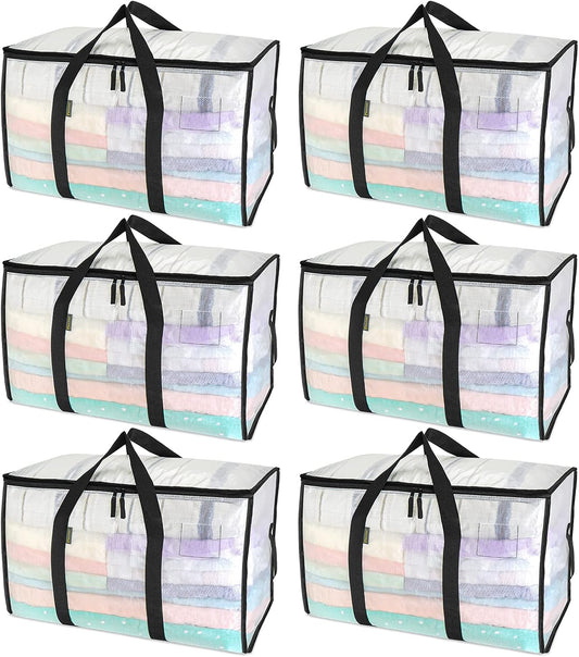 BALEINE 6-Pack Oversized Moving Bags with Reinforced Handles, Heavy-Duty Storage Tote for Clothes, Moving Supplies (Clear, 6-Pack)