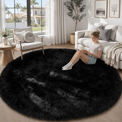 TENGTENGLINK 8x10 Fluffy Shag Area Rug Living Room Bedroom Washable Black