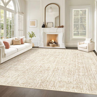 Living Room Rugs 8x10: Washable Moroccan Geometric Boho Rug Farmhouse Non Slip Stain Resistant Large Rug Low Pile Soft Carpet for Bedroom Dining Room Children Room (Beige,8'x10')