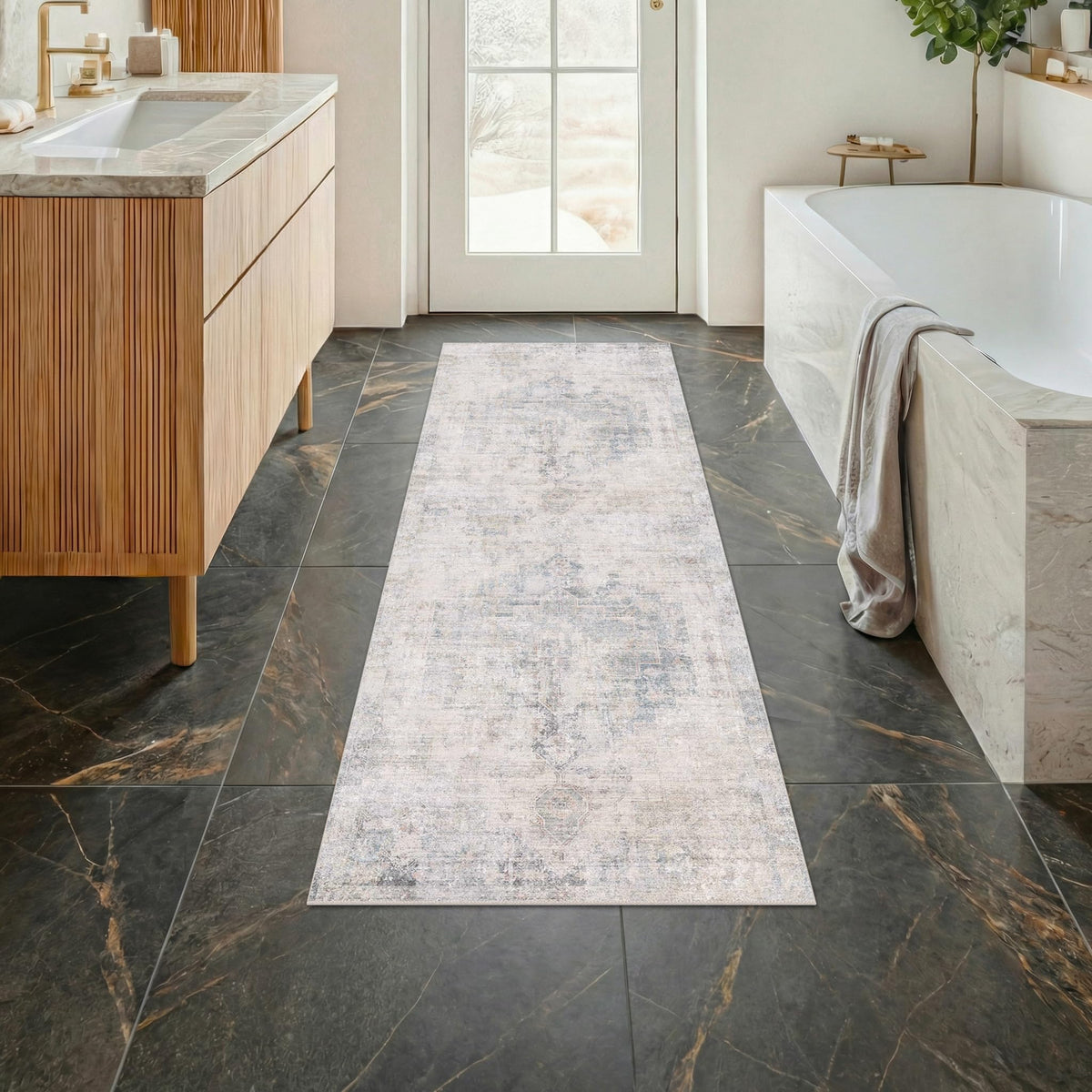 Farmhouse 8x10 Washable Area Rugs for Living Room, Neutral Taupe Brown Abstract Rug for Dining Room and Bedroom, Soft Foldable Low Pile Carpet, Stain Resistant Non-Slip Backing, Distressed Design
