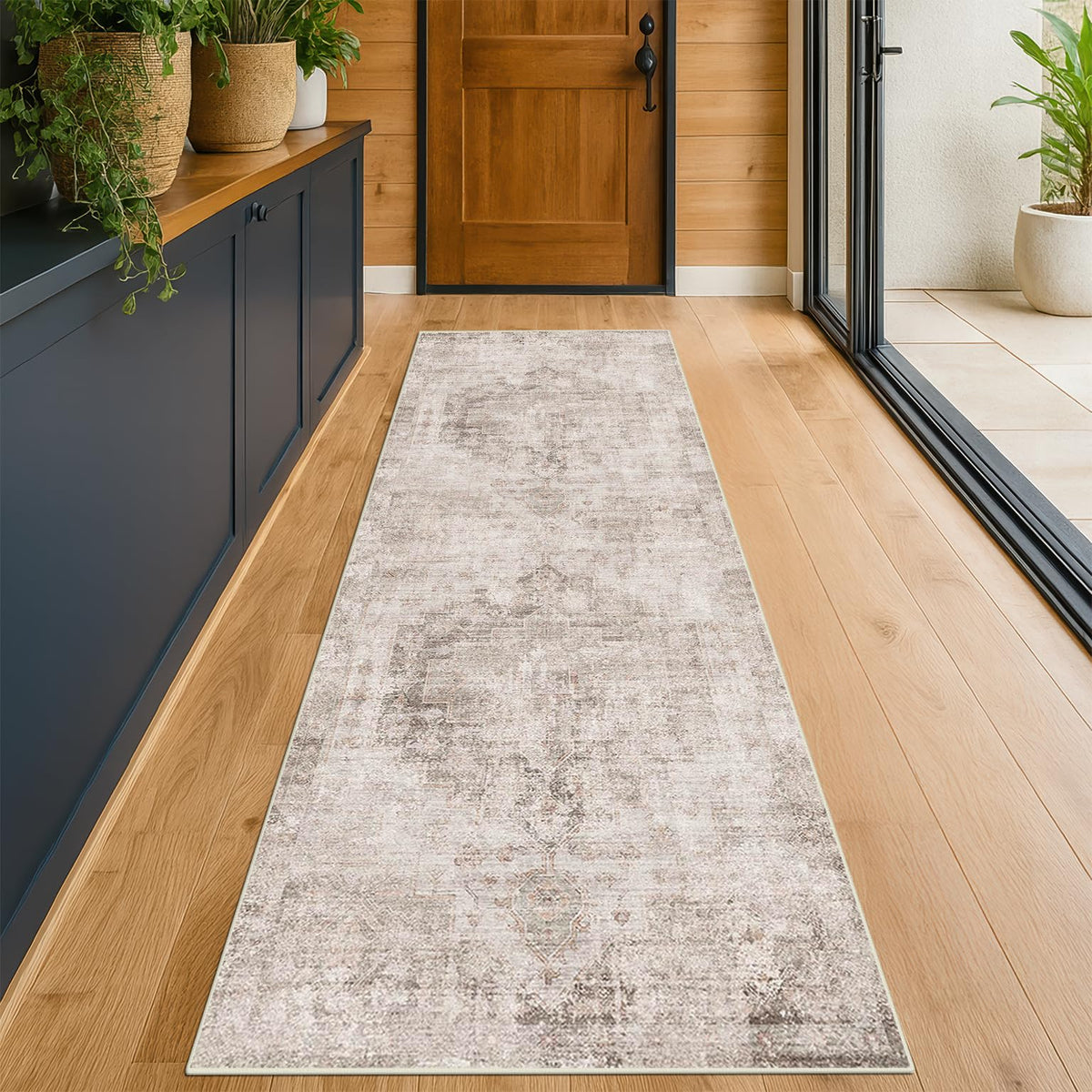 Farmhouse 8x10 Washable Area Rugs for Living Room, Neutral Taupe Brown Abstract Rug for Dining Room and Bedroom, Soft Foldable Low Pile Carpet, Stain Resistant Non-Slip Backing, Distressed Design