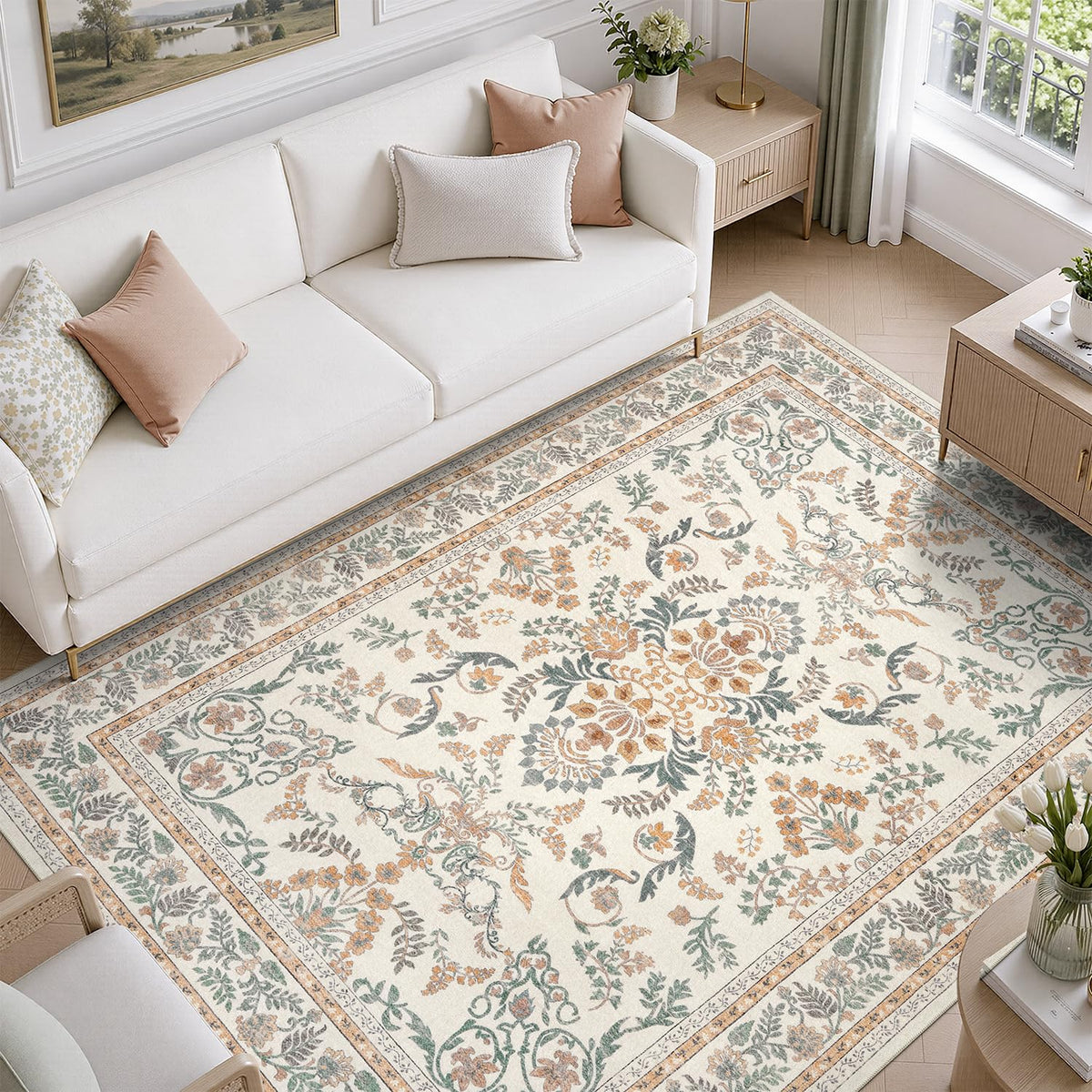 DCX 8x10 Area Rug Living Room: Washable Botanical Carpet Blue and Green