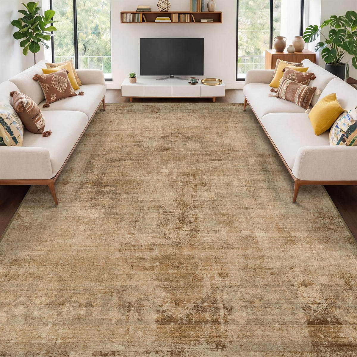 Farmhouse 8x10 Washable Area Rugs for Living Room, Neutral Taupe Brown Abstract Rug for Dining Room and Bedroom, Soft Foldable Low Pile Carpet, Stain Resistant Non-Slip Backing, Distressed Design