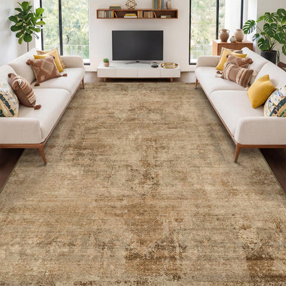 Farmhouse 8x10 Washable Area Rugs for Living Room, Neutral Taupe Brown Abstract Rug for Dining Room and Bedroom, Soft Foldable Low Pile Carpet, Stain Resistant Non-Slip Backing, Distressed Design