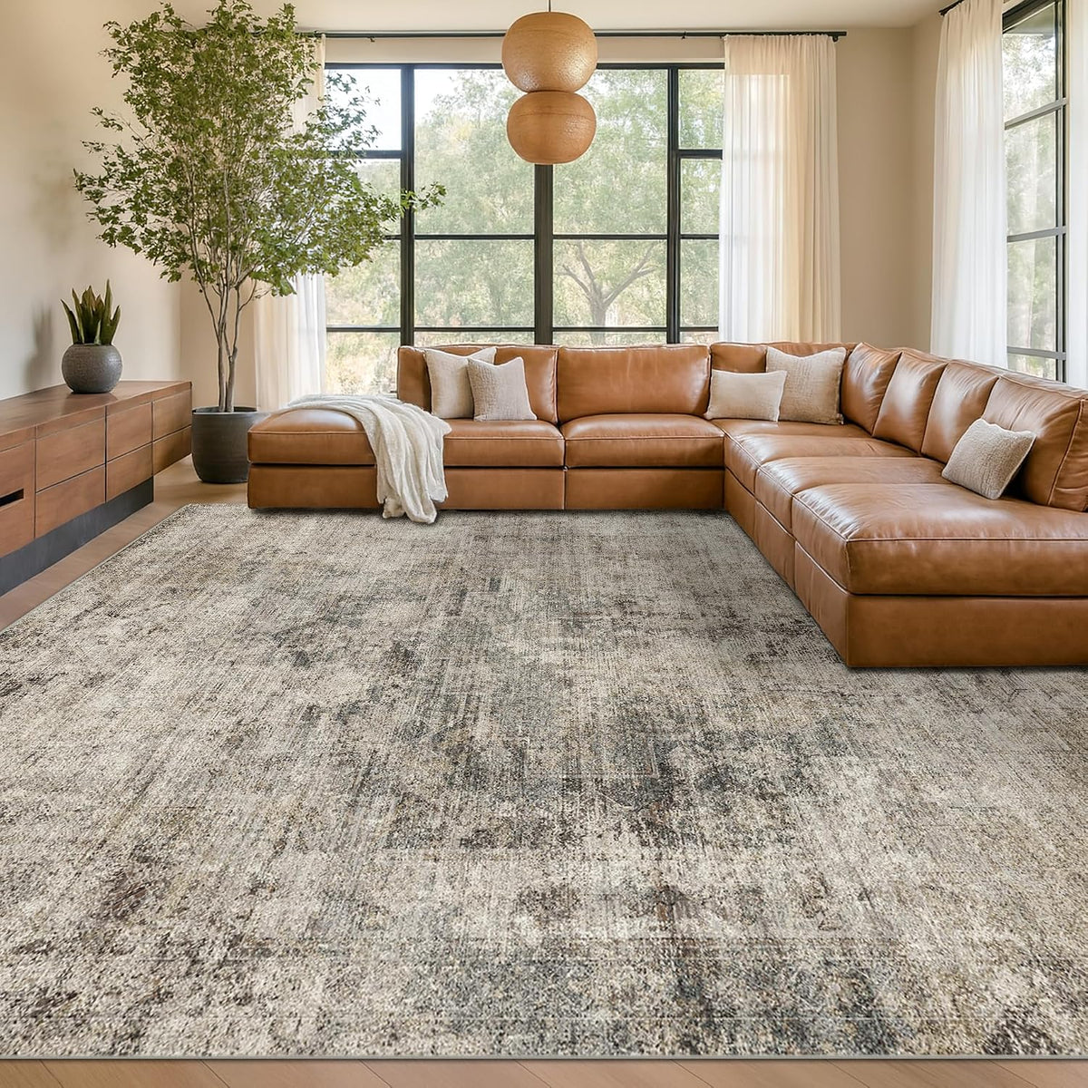 Farmhouse 8x10 Washable Area Rugs for Living Room, Neutral Taupe Brown Abstract Rug for Dining Room and Bedroom, Soft Foldable Low Pile Carpet, Stain Resistant Non-Slip Backing, Distressed Design