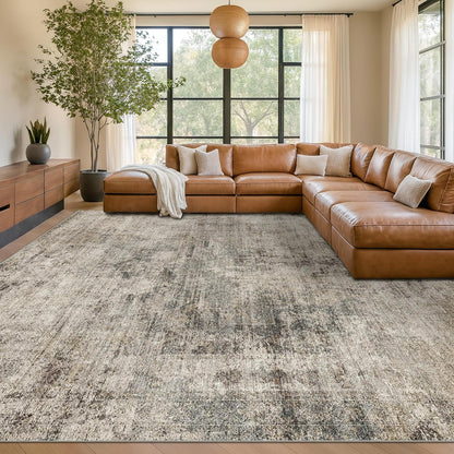 Farmhouse 8x10 Washable Area Rugs for Living Room, Neutral Taupe Brown Abstract Rug for Dining Room and Bedroom, Soft Foldable Low Pile Carpet, Stain Resistant Non-Slip Backing, Distressed Design