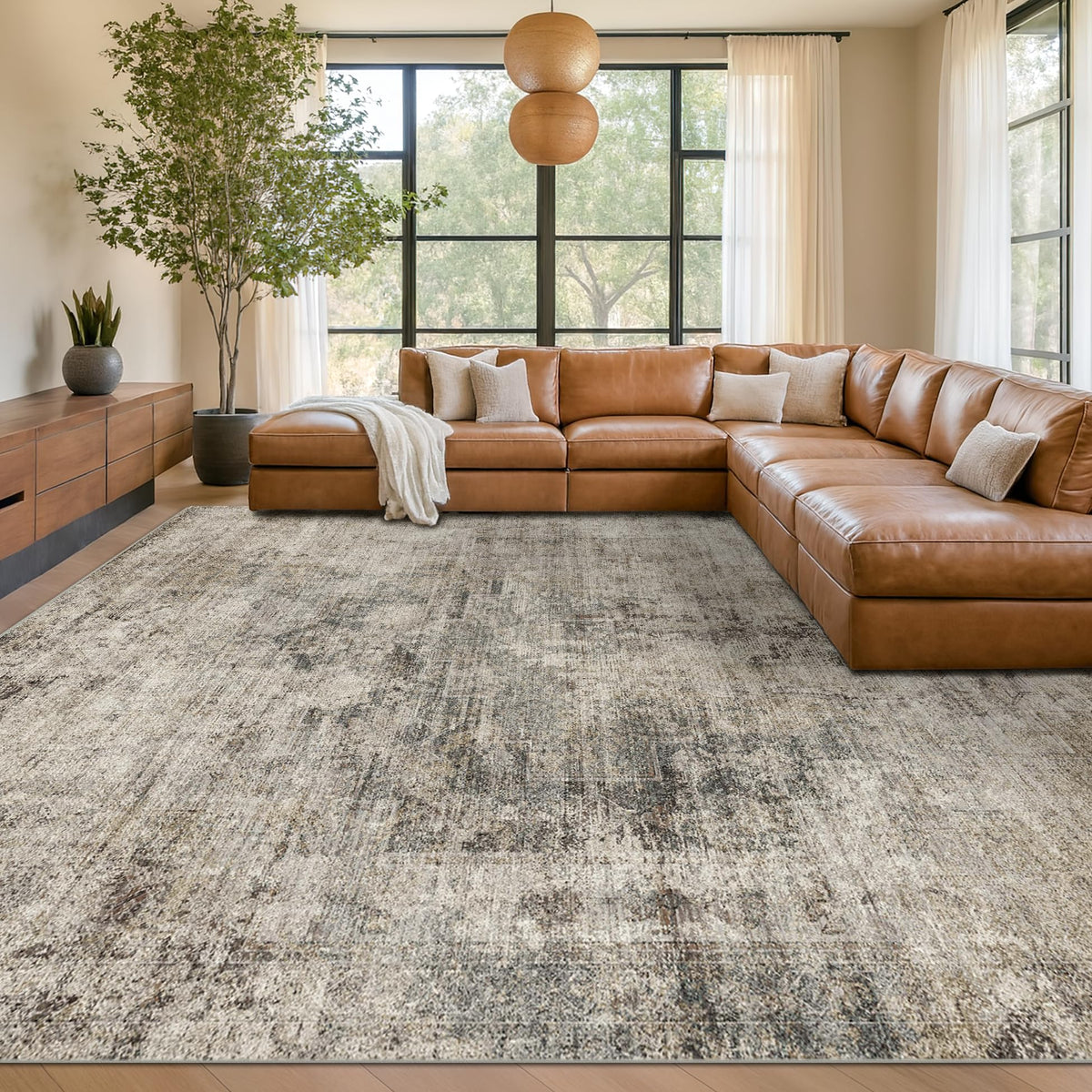 Farmhouse 8x10 Washable Area Rugs for Living Room, Neutral Taupe Brown Abstract Rug for Dining Room and Bedroom, Soft Foldable Low Pile Carpet, Stain Resistant Non-Slip Backing, Distressed Design