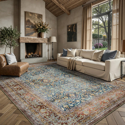 8x10 Area Rugs for Living Room - Washable Vintage Retro Large Rug, Soft Ultra Thin Non Slip Low Pile Traditional Distressed Boho Carpet for Bedroom Dining Room Home Office, Charcoal Olive
