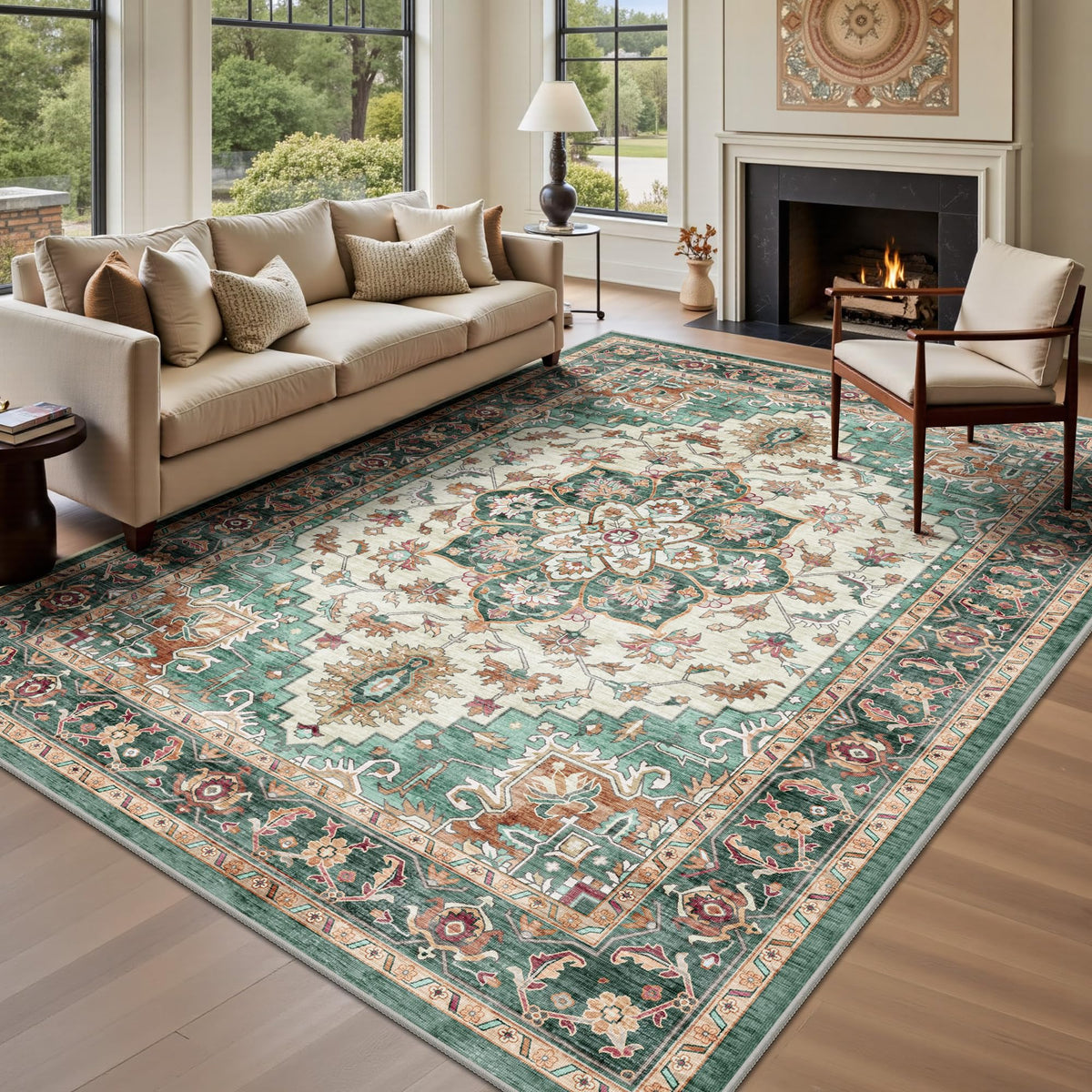 8x10 Area Rugs for Living Room - Washable Vintage Retro Large Rug, Soft Ultra Thin Non Slip Low Pile Traditional Distressed Boho Carpet for Bedroom Dining Room Home Office, Charcoal Olive