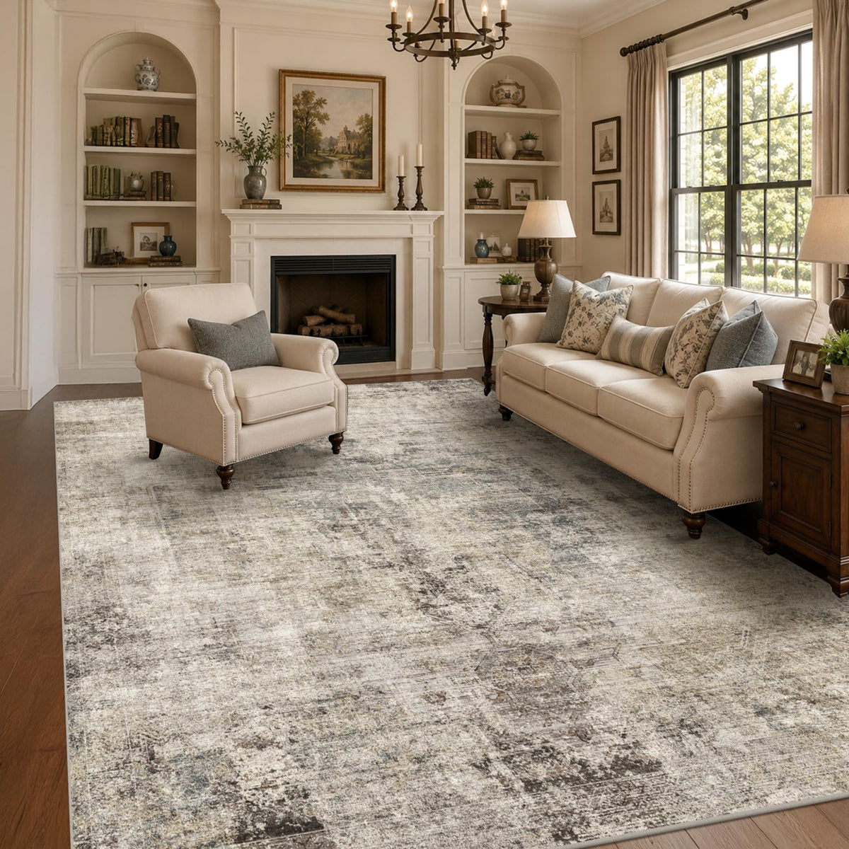Farmhouse 8x10 Washable Area Rugs for Living Room, Neutral Taupe Brown Abstract Rug for Dining Room and Bedroom, Soft Foldable Low Pile Carpet, Stain Resistant Non-Slip Backing, Distressed Design