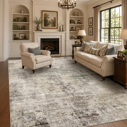 Farmhouse 8x10 Washable Area Rugs for Living Room, Neutral Taupe Brown Abstract Rug for Dining Room and Bedroom, Soft Foldable Low Pile Carpet, Stain Resistant Non-Slip Backing, Distressed Design
