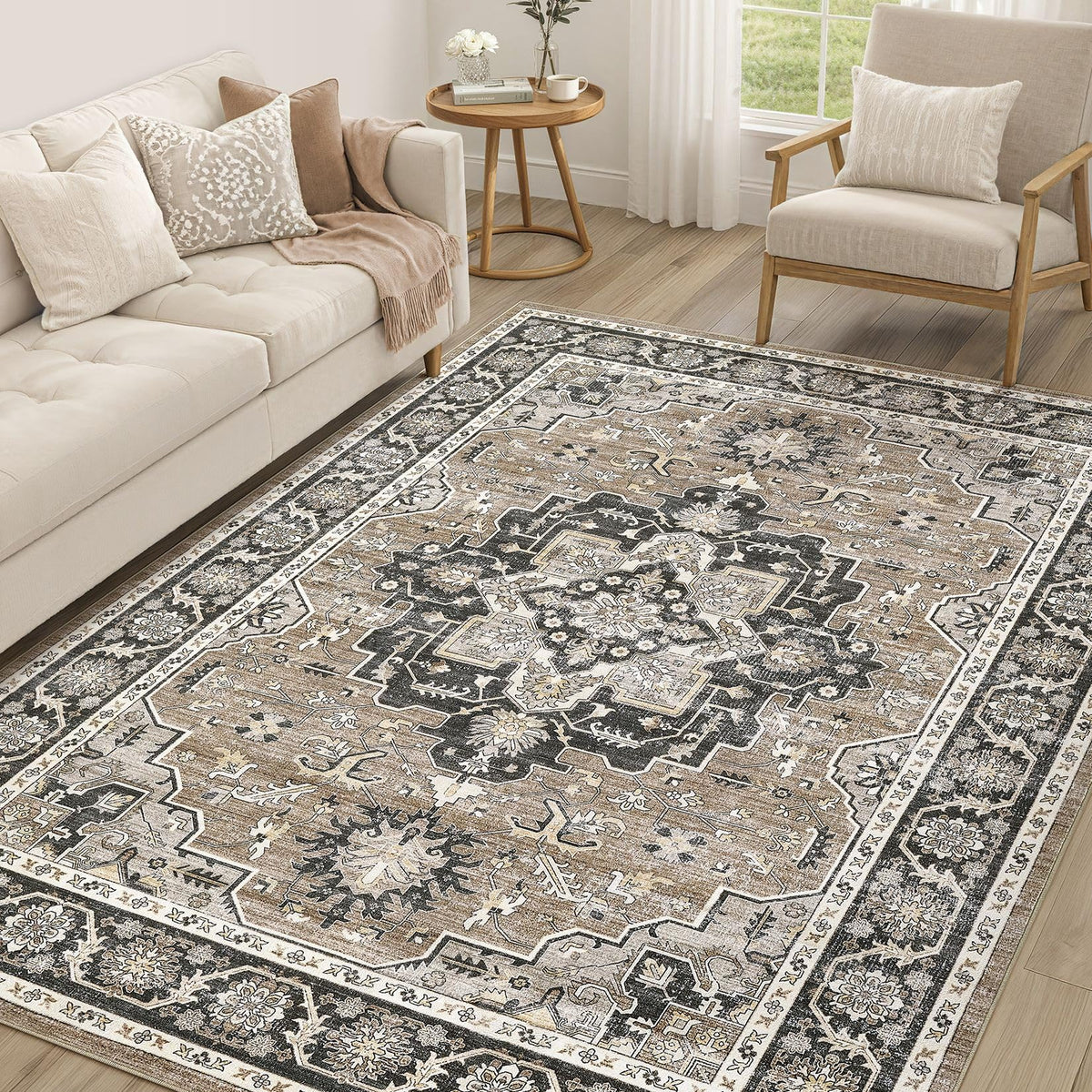 cotiled 9x12 Area Rug for Living Room, Washable, Traditional, Beige