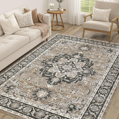cotiled 9x12 Area Rug for Living Room, Washable, Traditional, Beige