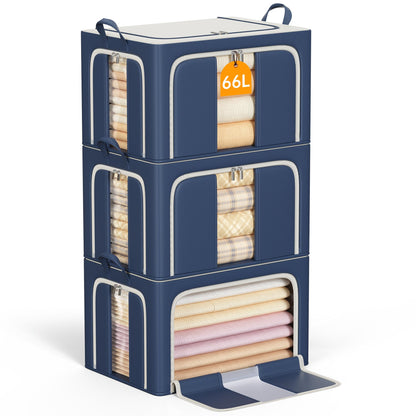 Clothes Storage Bins with Metal Frame, Foldable Clothes Organizers Storage Containers for Clothes, Sheets, Blankets, Pillows and Towels (24L, 3 Pack) Beige
