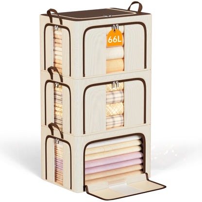 Clothes Storage Bins with Metal Frame, Foldable Clothes Organizers Storage Containers for Clothes, Sheets, Blankets, Pillows and Towels (24L, 3 Pack) Beige