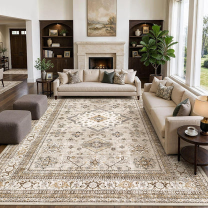 cotiled 9x12 Area Rug for Living Room, Washable, Traditional, Beige