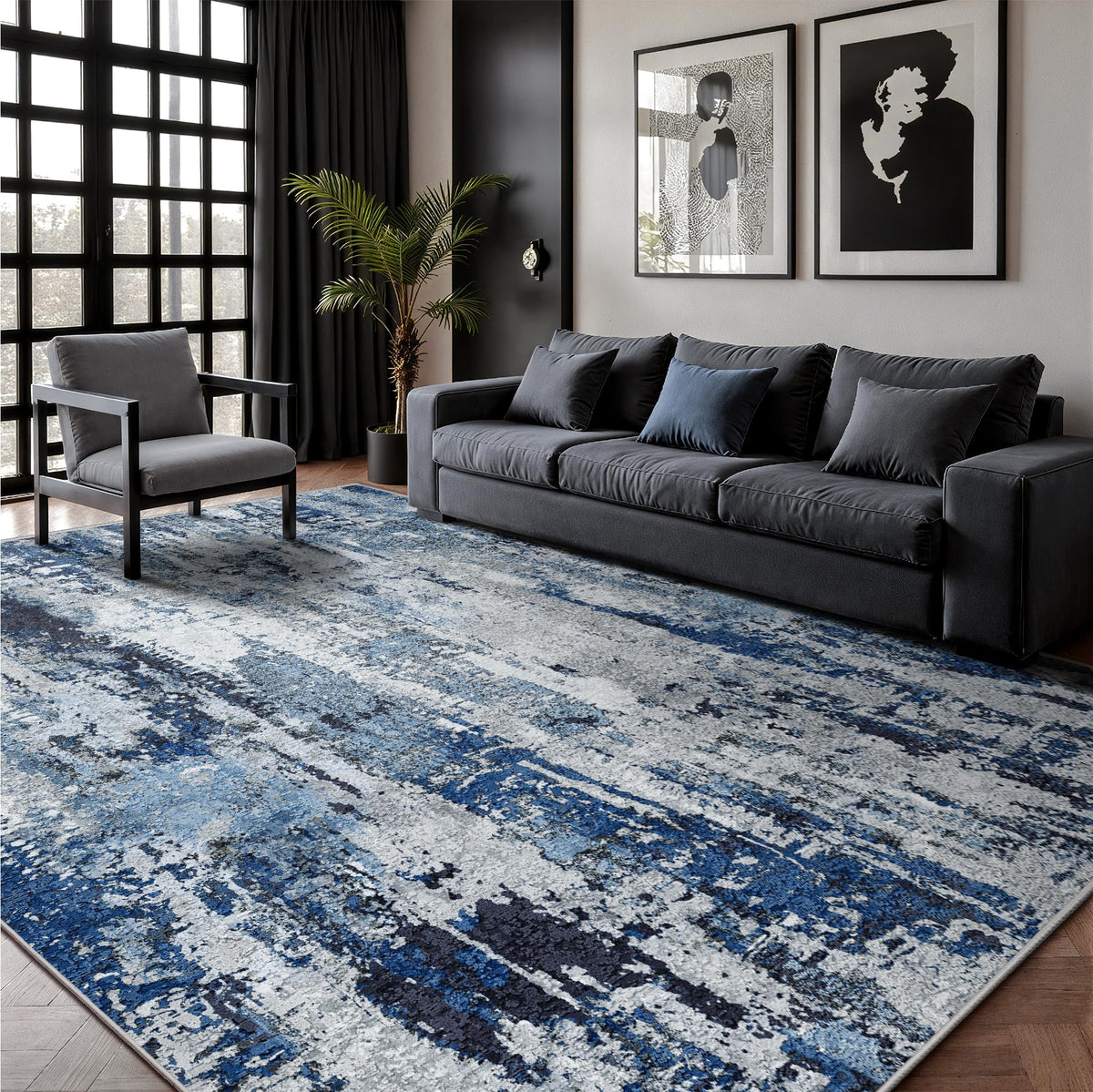 8x10 Area Rugs, Abstract Morden Soft Washable Rug, Non-Slip Low Pile Rugs for Living Room, Bedroom, Dining Room, Home, Office(Ocean Blue)