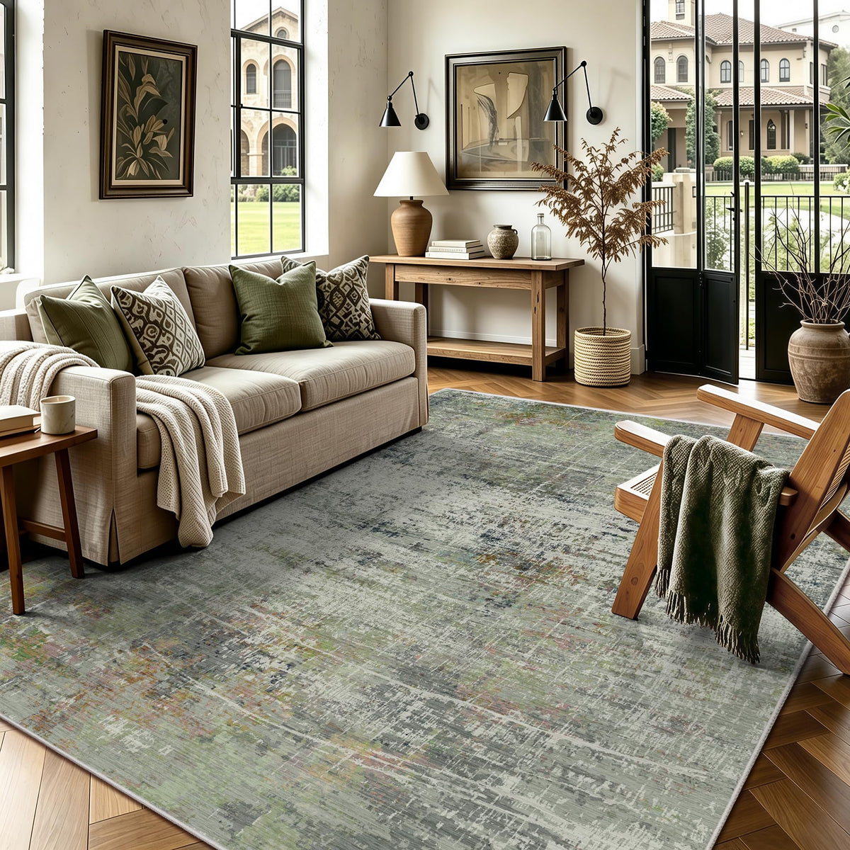 8x10 Area Rugs, Abstract Morden Soft Washable Rug, Non-Slip Low Pile Rugs for Living Room, Bedroom, Dining Room, Home, Office(Ocean Blue)
