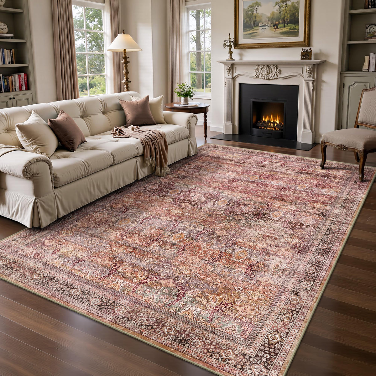 8x10 Area Rugs for Living Room - Washable Vintage Retro Large Rug, Soft Ultra Thin Non Slip Low Pile Traditional Distressed Boho Carpet for Bedroom Dining Room Home Office, Charcoal Olive