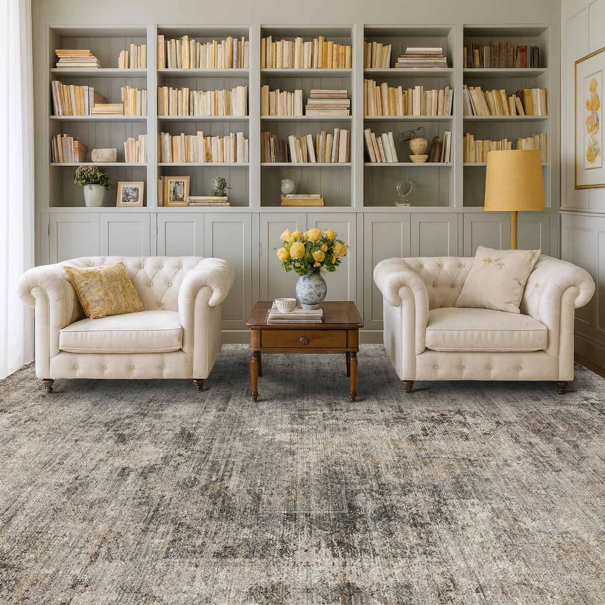 Farmhouse 8x10 Washable Area Rugs for Living Room, Neutral Taupe Brown Abstract Rug for Dining Room and Bedroom, Soft Foldable Low Pile Carpet, Stain Resistant Non-Slip Backing, Distressed Design