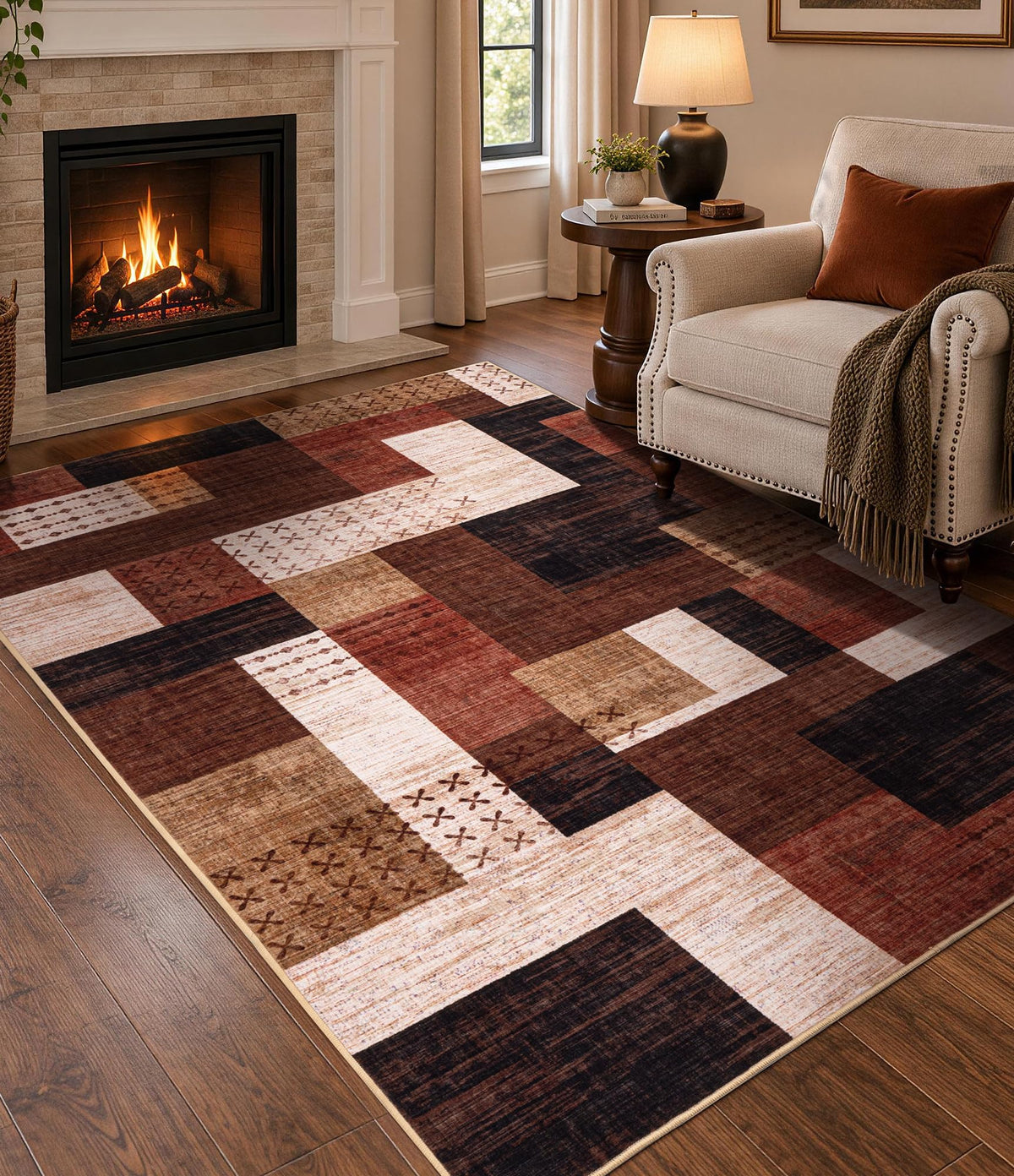 YIHOUSE Brown Modern 5x7 Area Rugs for Living Room, Washable Geometric Patchwork Rug for Bedroom Playroom Non Slip Low Pile, Southwestern Rustic Throw Carpet for Entryway Home Office