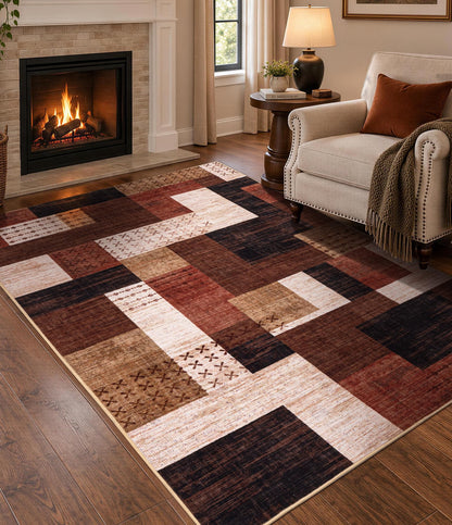 YIHOUSE Brown Modern 5x7 Area Rugs for Living Room, Washable Geometric Patchwork Rug for Bedroom Playroom Non Slip Low Pile, Southwestern Rustic Throw Carpet for Entryway Home Office