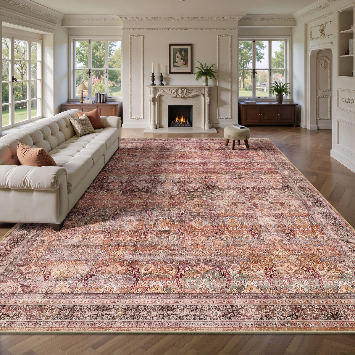 8x10 Area Rugs for Living Room - Washable Vintage Retro Large Rug, Soft Ultra Thin Non Slip Low Pile Traditional Distressed Boho Carpet for Bedroom Dining Room Home Office, Charcoal Olive