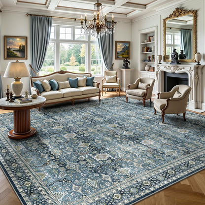 8x10 Area Rugs for Living Room - Washable Vintage Retro Large Rug, Soft Ultra Thin Non Slip Low Pile Traditional Distressed Boho Carpet for Bedroom Dining Room Home Office, Charcoal Olive