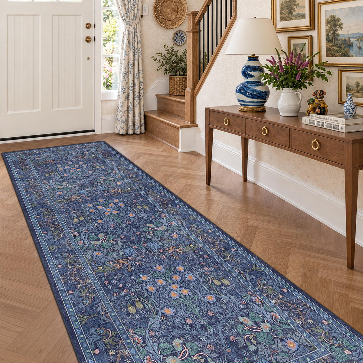 Floral Dark Green Washable Area Rugs 8x10, Vintage Living Room Rug