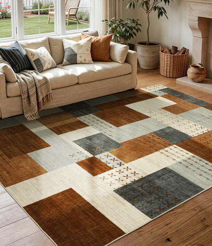 YIHOUSE Brown Modern 5x7 Area Rugs for Living Room, Washable Geometric Patchwork Rug for Bedroom Playroom Non Slip Low Pile, Southwestern Rustic Throw Carpet for Entryway Home Office