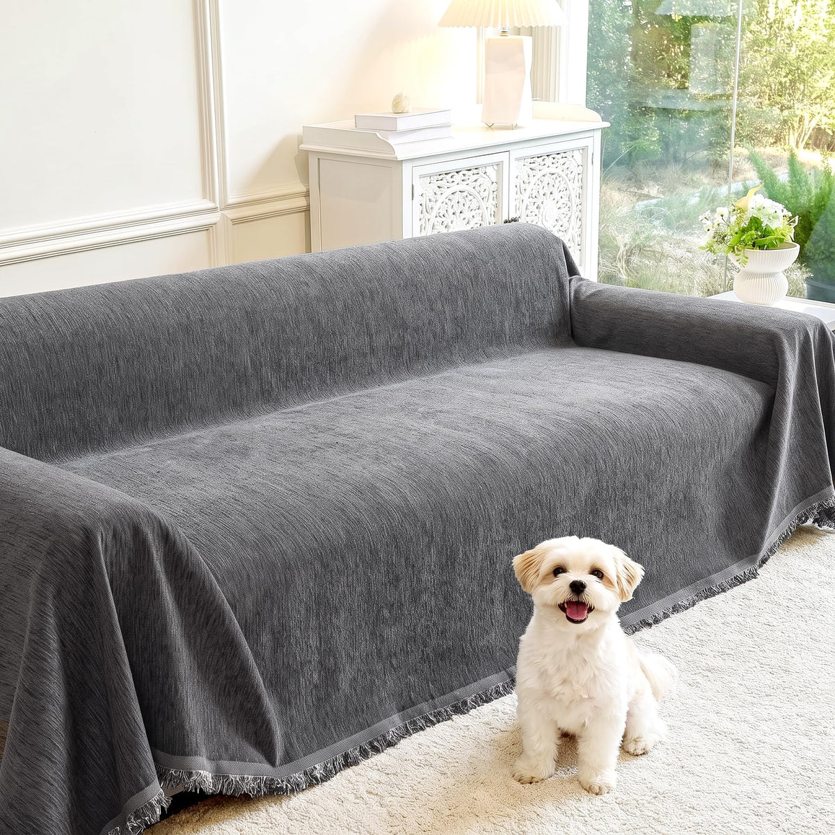 MEETSKY Couch Covers for Dogs, Washable Couch Covers, Pet Sofa Covers for 3 Cushion Couch, Chenille Thick Sectional Couch Cover Blanket Modern Furniture Protector Covers, 91" x 134", Dark Grey