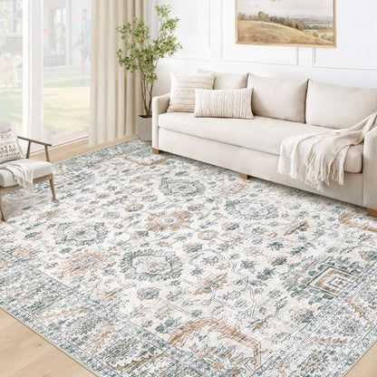 XLUEZ Area Rug 8x10 Living Room Rug, Machine Washable Vintage Distressed Medallion Rug Non-Slip Soft Low Pile Large Indoor Rugs for Bedroom Dining Room Office Children's Room (Beige,8'x10')