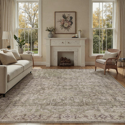 DCX 8x10 Area Rug Living Room: Washable Botanical Carpet Blue and Green