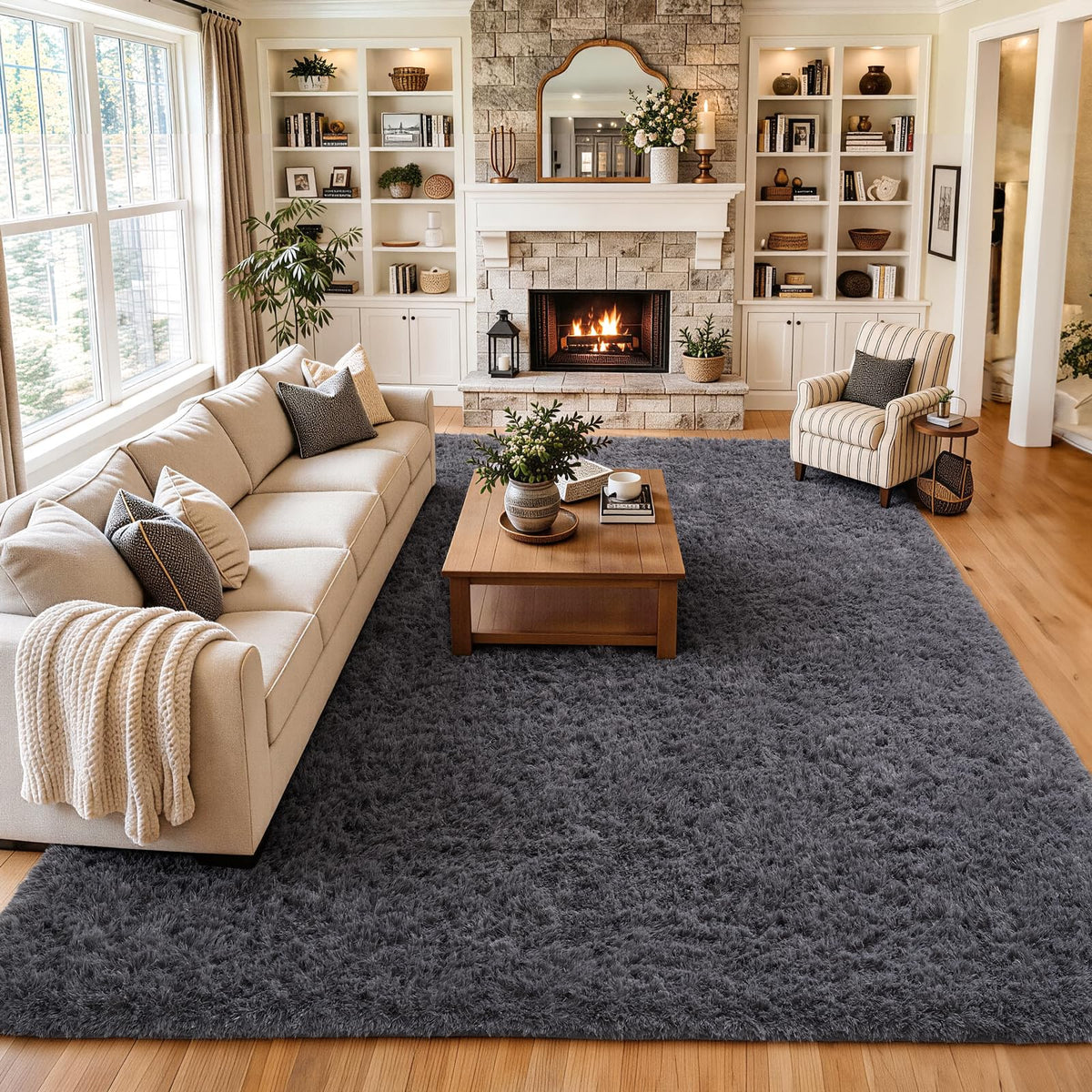 Ophanie Area Rugs 9x12 Living Room, Large Grey Bedroom Carpet, Big Shag Indoor Thick Soft Nursery Rug, Gray Fluffy Carpets for Boy and Girls Room Dorm Home Decor Aesthetic