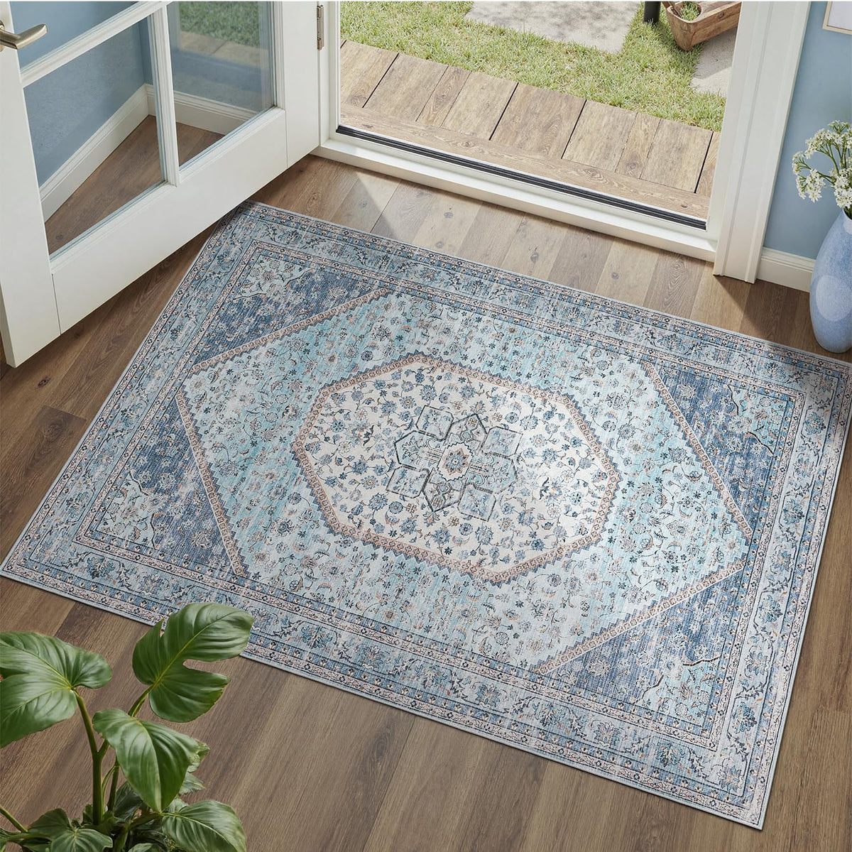 DCX 8x10 Area Rug Living Room: Washable Botanical Carpet Blue and Green