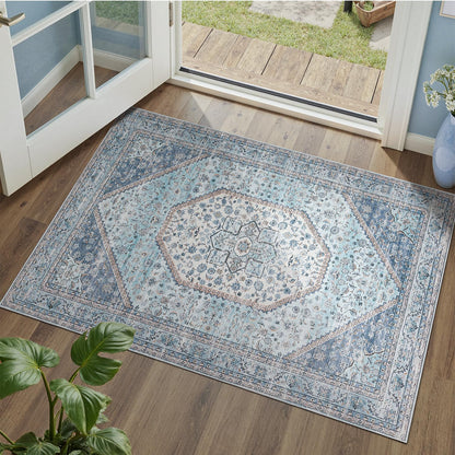 DCX 8x10 Area Rug Living Room: Washable Botanical Carpet Blue and Green