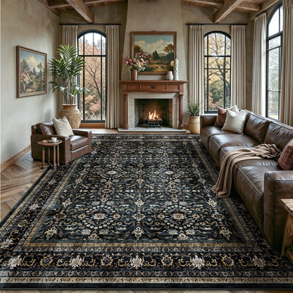 8x10 Area Rugs for Living Room - Washable Vintage Retro Large Rug, Soft Ultra Thin Non Slip Low Pile Traditional Distressed Boho Carpet for Bedroom Dining Room Home Office, Charcoal Olive
